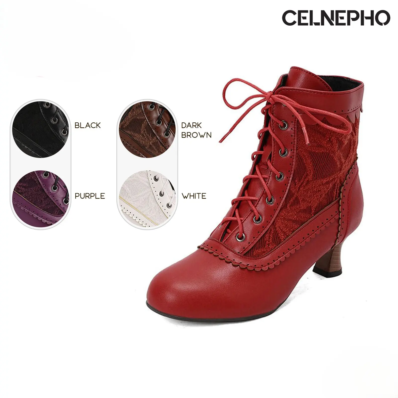 CELNEPHO Womens Kitten Heeled Boots Victorian Lace Up Ruffles Ankle Boots Round Toe Easy Pull On Gothic Booties Fashion Retro Heel Pumps Short Outdoor Cosplay Wedding Gift Party Wear Summer Dress Shoes