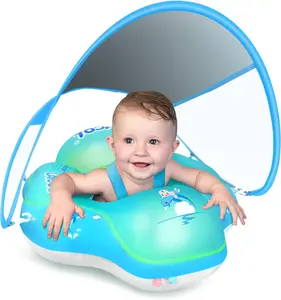 Baby Pool Float No Flip Over, Inflatable Baby Float with Sun Protection Canopy, Baby Swimming Float, Baby Swim Float with Double Air Chambers, Add Tail for Age of 3-36 Months