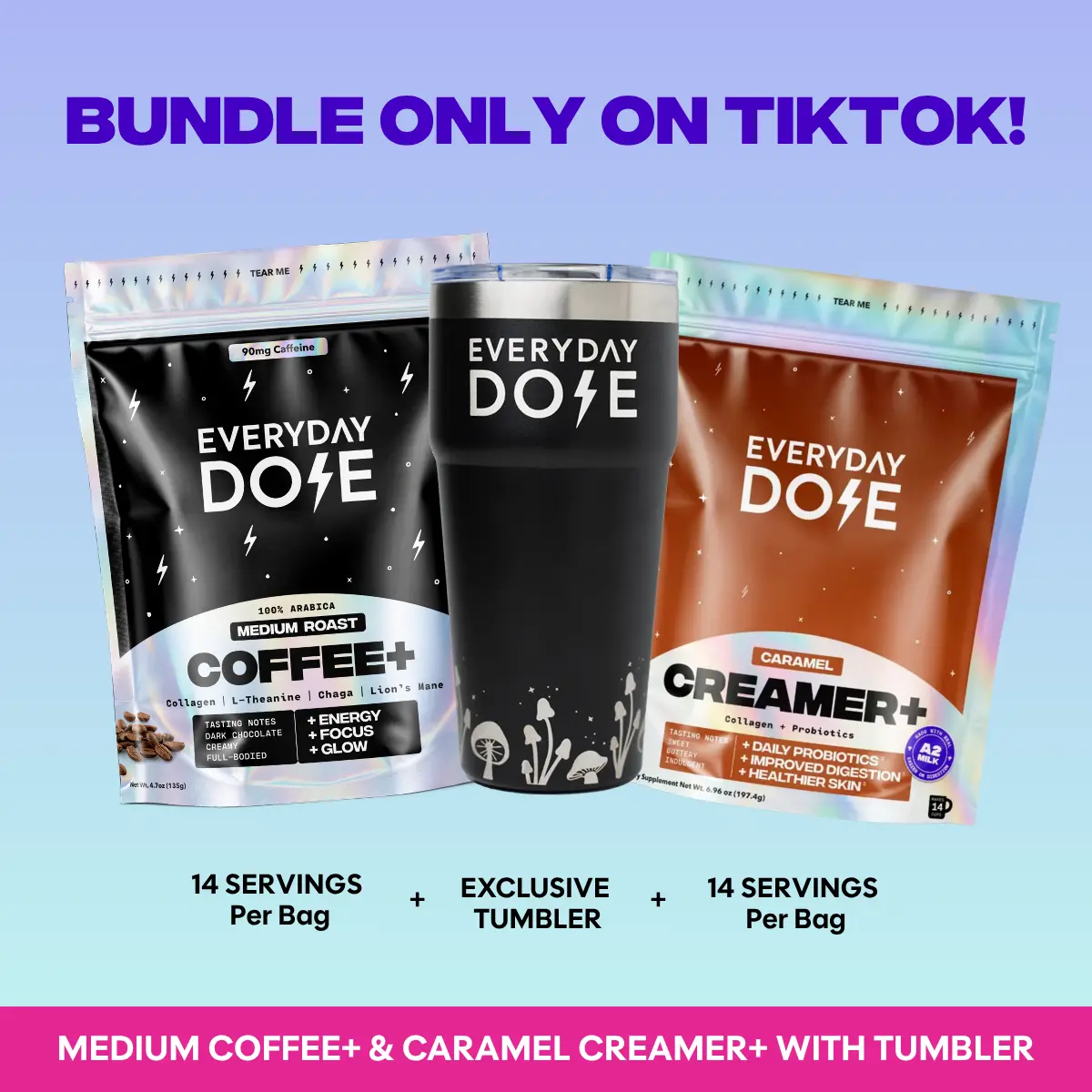 EVERYDAY DOSE 14 Serving Medium Roast Coffee+ with Caramel Creamer+ with Collagen & Probiotics & FREE Tumbler
