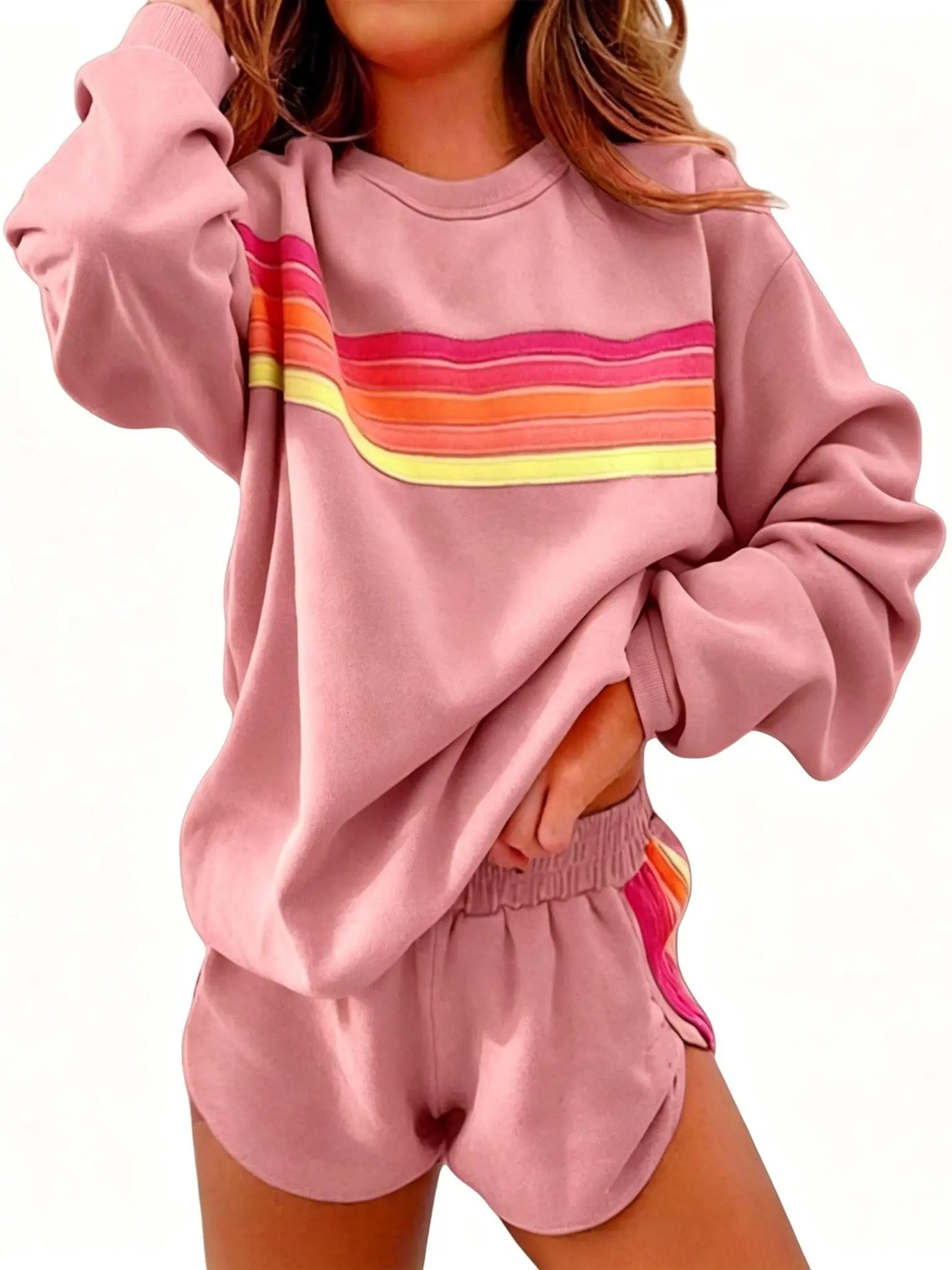 Women's 2-Piece Loungewear Set, Rainbow Stripe Long Sleeve Crew Neck Sweatshirt and Shorts, Loose Fit Stretchy Soft Cotton Blend, Casual, Elastic, Round Neck, Everyday, Fabric, Machine Wash, Above The Knee