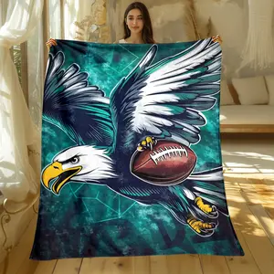 Eagle & Football Themed Flannel Throw Blanket, Ultra Soft Cozy Sports Fleece Blanket with Teal Background, All-Season Blanket for Football Fans & Game Room