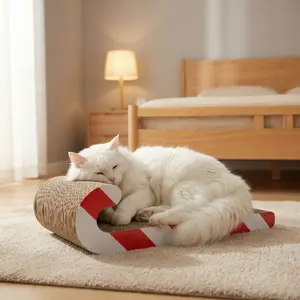 J-Shaped Double-Sided Cat Scratcher Cardboard Lounge Bed, Reversible Scratching Pad for Indoor Cats, Furniture Protector & Cozy Sleeping Nest, Durable High-Density Corrugated Board, Fits Large Cats & Kittens, 2-in-1 Cat Toy & Furniture