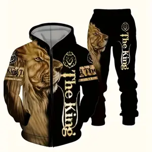 Men's Casual Daily Lion Print Tracksuit Comfortable Zip-Up Hoodie & Matching Joggers 2-Piece Outfit The King Design for Everyday Wear