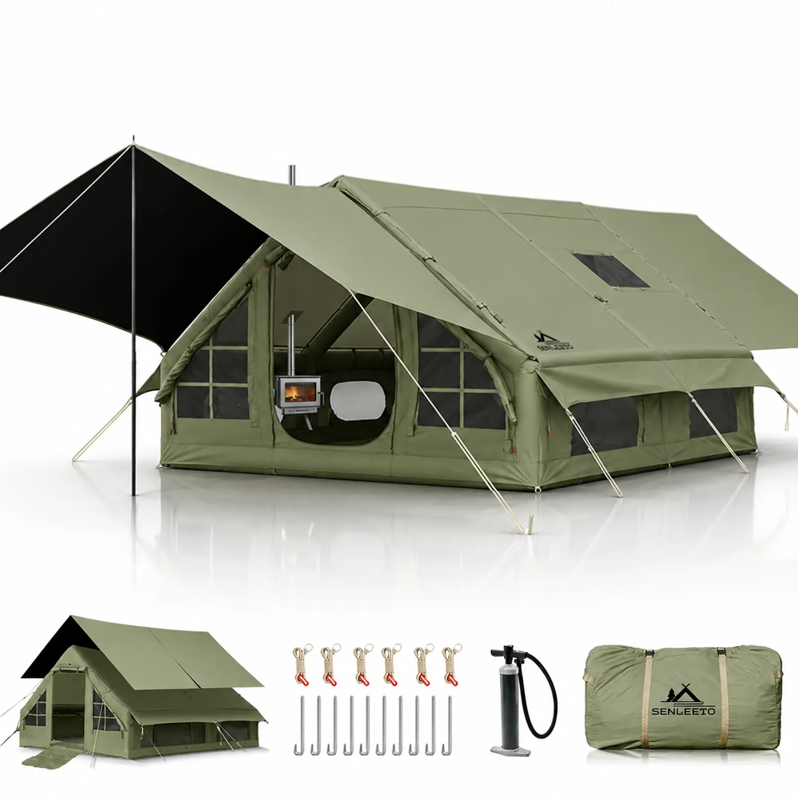 SENLEETO 129 Sq Ft Inflatable Glamping Tent - 8-10 Person 4-Season Waterproof Warm Camping Shelter with Stove Jack, Pump, Mesh Windows, Shoe Storage, Easy Setup (Pop-Up Tents for Camping Gear)