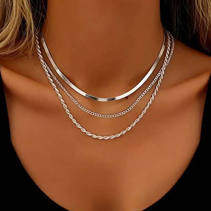 3 PCS Stainless Steel Chain Necklace Set for Men Women, Fashionable Multi-Layered Necklaces for Daily Wear or Parties, Jewelry Accessories, Exquisite Gifts for Women