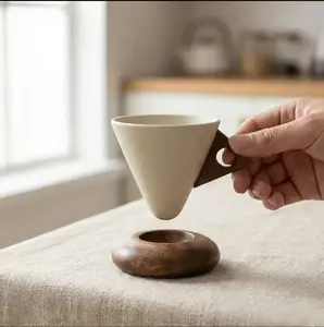 Conical 3.42 oz/100 ml Espresso Cup，Ceramic & Acacia Wooden Material, AestheticTriangularTwo Packs Unique Elegant Modern Design forHome & Office, Beverage Drinkware withHandle Porcelain Mug for Coffee & Tea,