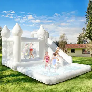 14ft Grade White Kids Inflatable Water Slide With Ball Pit Bounce House with Slide Splash Pool Durable Oxford Fabric Ground Stakes for Outdoor Jumping Castle Birthday Parties Summer Backyard Water Play Pool Inflatable