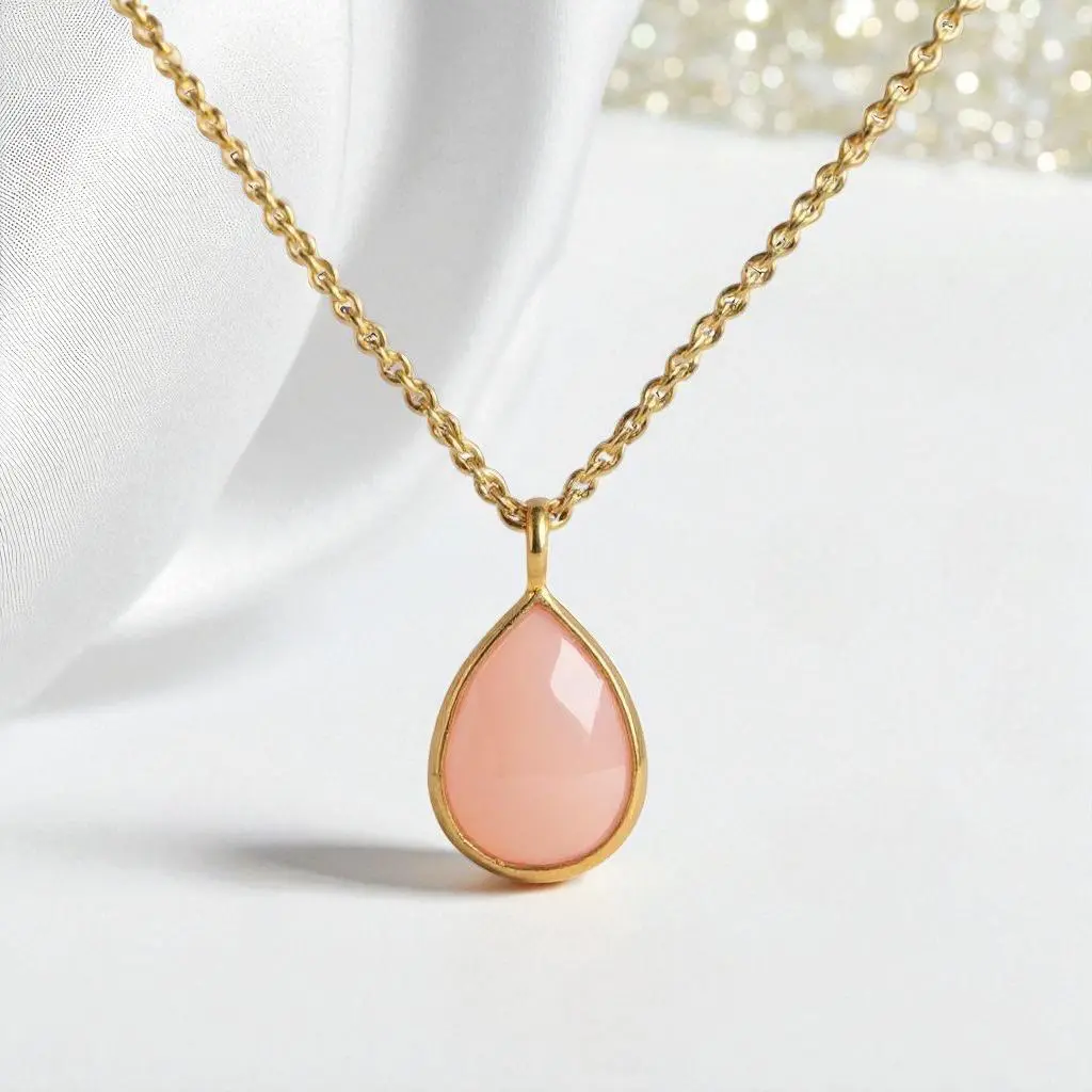 Gold Plated Sterling Silver Rose Pink Chalcedony Pear Teardrop 16" Necklace