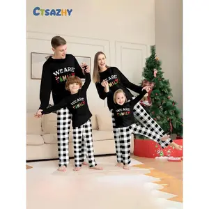 Family Christmas Pajama Set for 4 People, Cute Letter Print Top & Classic Plaid Pants, Soft Fabric, Holiday Home Wear