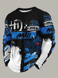 Men's Bike Riding Long Sleeve T-Shirt, Quick-Dry Breathable, Motorcycle Style Print, Outdoor Sport Top, Spring Fall Apparel