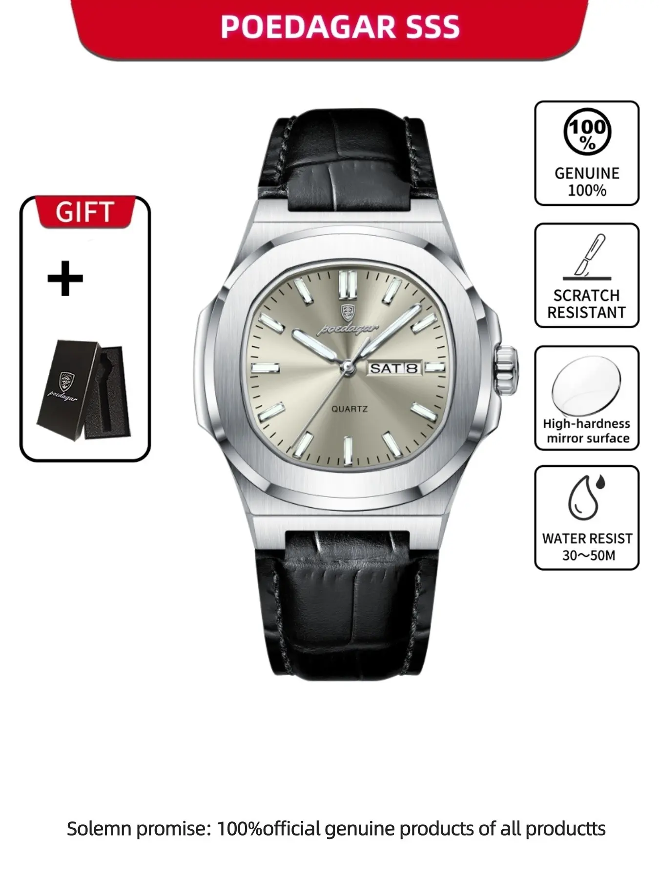 Men's Waterproof Design Quartz Wristwatch with Date and Day Display, Casual Analog Watch with PU Leather Band, Perfect Gift for Him, Sporty Style Timepiece, Analog Wristwatches