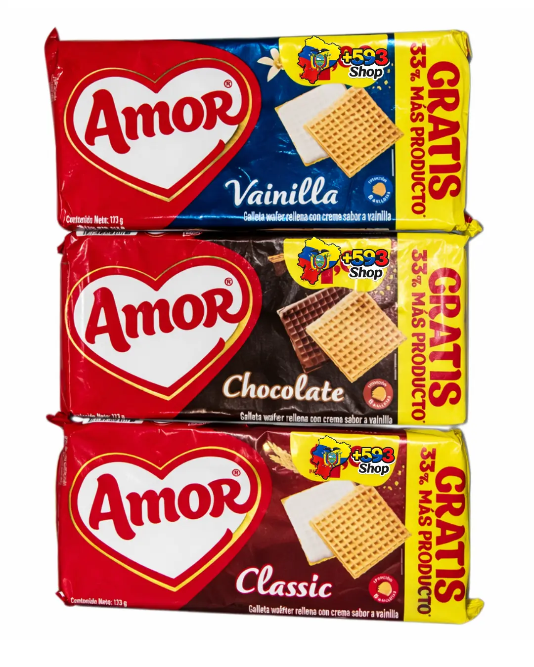 Amor Wafer Cookies 130g – Vanilla, Chocolate & Classic Ecuador Snack - Galletas Amor - Vainilla, Chocolate, Clásicas y Doble Crema 130g