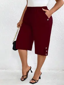 Elegant Plus Size Solid Color Elastic Waist Slant Pocket 7/8 Pants, Comfortable High Stretch Women's Fitted Casual Trousers, Bottoms