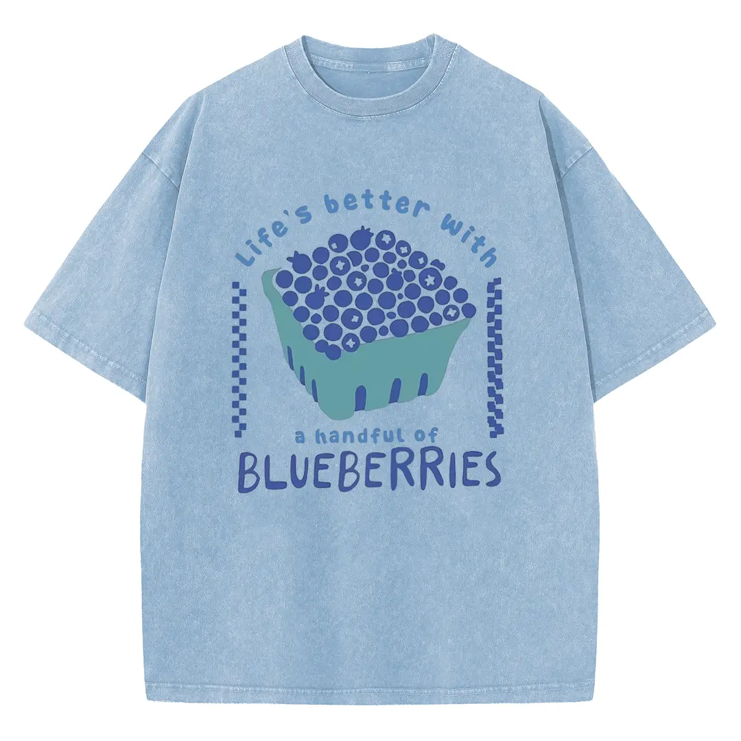 Holafish Women’s "Blueberry" Print Tee Vintage Acid Washed Drop Shoulder Crew Neck Casual Relaxed Fit Top for Everyday Wear Travel Vacation and Sweet Summer Looks,back to school,back to school shoppingBack To School