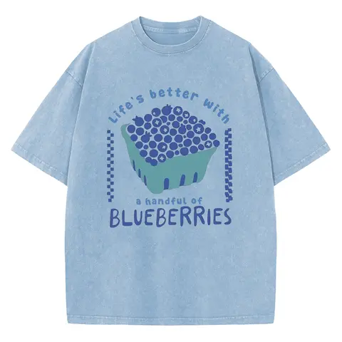Holafish Women’s Comfortable Short-Sleeve "Blueberry" Graphic T-Shirt - Vintage Acid Washed, Drop Shoulder, Crew Neck, Casual Relaxed Fit Top for Everyday Wear, Summer Looks