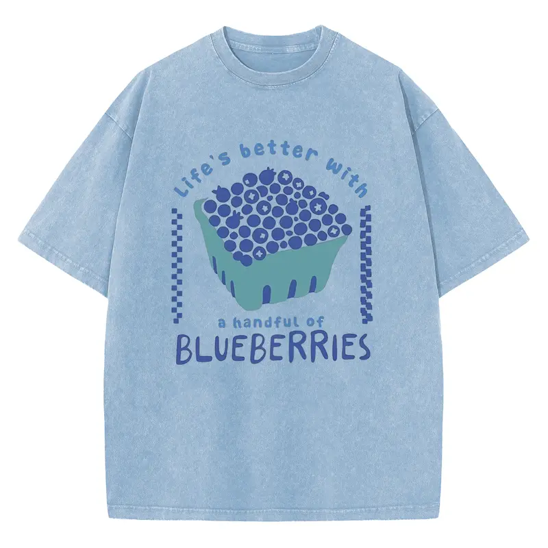 Holafish Women’s Comfortable Short-Sleeve "Blueberry" Graphic T-Shirt - Vintage Acid Washed, Drop Shoulder, Crew Neck, Casual Relaxed Fit Top for Everyday Wear, Summer Looks