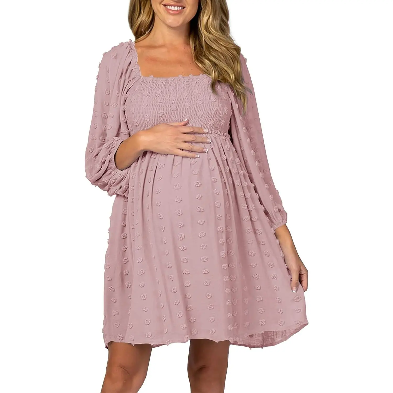 Women's Maternity Clothing, Swiss Dot Long Sleeve A-Line Baby Shower Dresses, Lightweight Flowy Mini with Square Neck, Prenatal Maternity Clothing, Mini Length, A-Line Cut, Casual, Daily, Roomy For Belly, Lightweight Fabric, Loose Silhouette, A-Line Shape