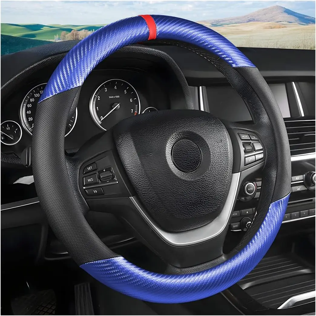 15-Inch Universal Carbon Fiber-Blend Breathable Microfiber Leather Steering Wheel Cover, Non-Slip Lining, Year-Round Comfort for Car Interior Decoration (Carbon Fiber Blue, Breathable Material)