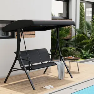【GARVEE】3-Seat Outdoor Porch Swing Chair, Patio Hanging Swing with Adjustable Canopy and Armrests, Breathable Textilene Fabric Seat & Backrest, Swing Bench for Poolside, Garden, Backyard, Black