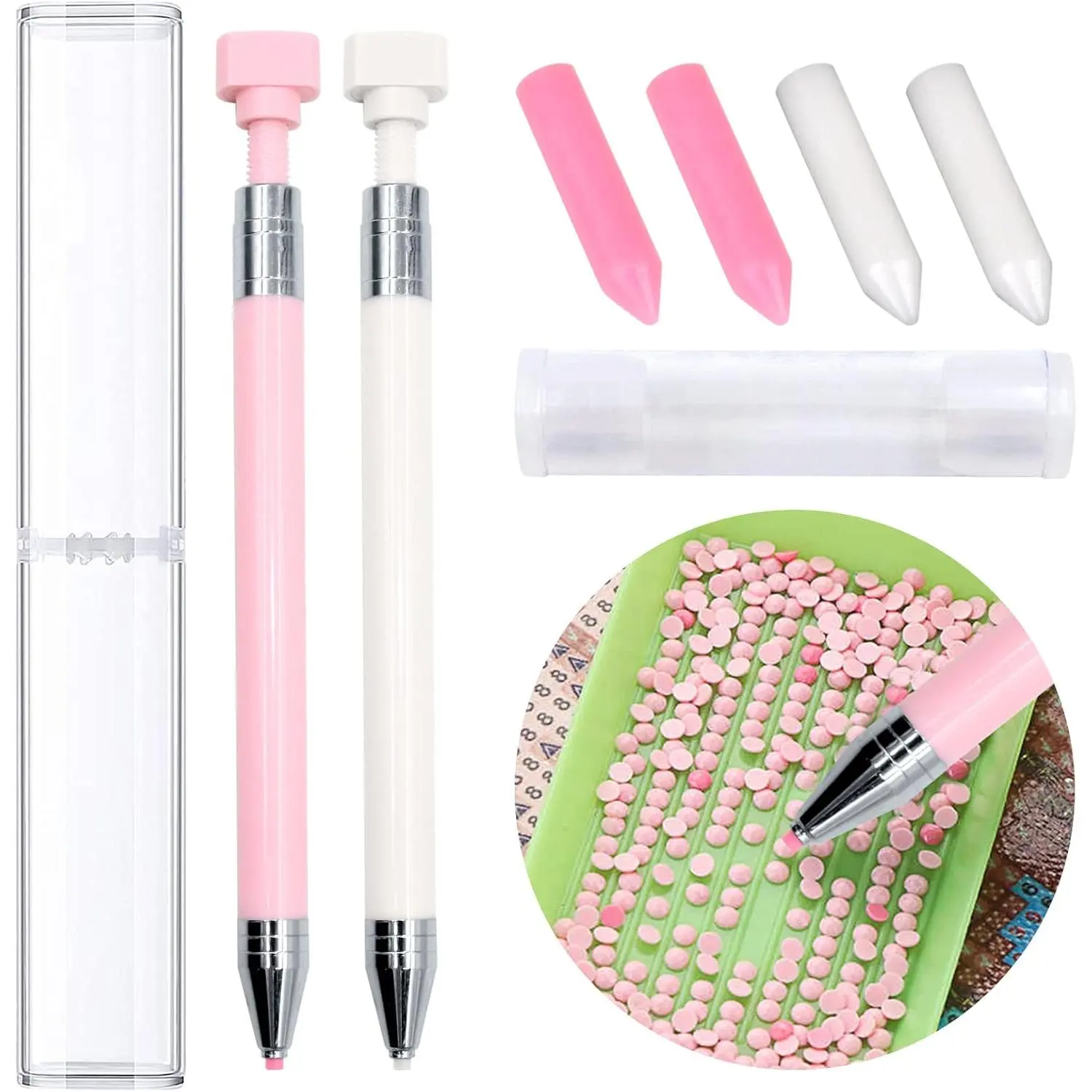 2Pcs Diamond Painting Pens With Refillable Wax Rotating Glue Point Drill Tools For Rhinestone Nail Art Beads Picking Pink White Gift