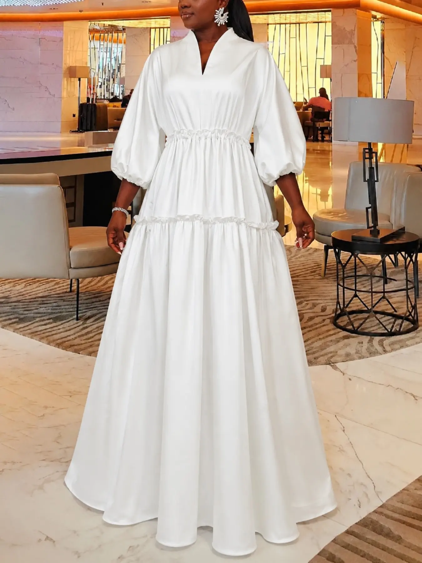 Women's Plain Frill Trim V Neck A Line Dress, Elegant Chic Bishop Sleeve Zipper Back Maxi Dress for Party Holiday Wedding Guest Formal Wear, Wedding Guest Dresses, Ladies Clothes for All Seasons