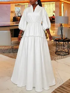Women's Plain Frill-Trim V-Neck A-Line Dress, Elegant Chic Bishop-Sleeve Zipper-Back Maxi Dress as Formal Wear for Parties, Holidays and Wedding Guests, Women's Clothing Womenswear for All Seasons