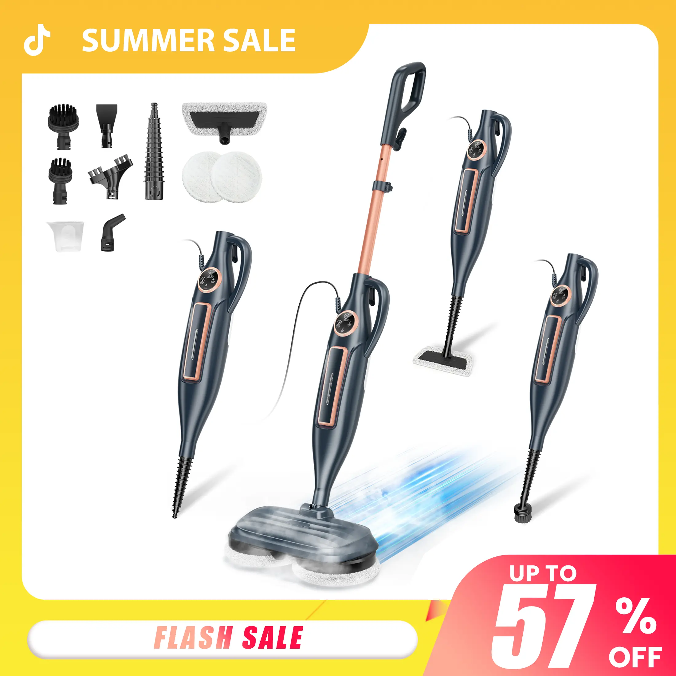 [SummerSale]DEVOAC VM6 Electric Rotating Steam Mop & Household Steam Cleaner, 10-in-1 Steam Mop, 3 Adjustable Steam Levels,Floors Clean, Kitchen, Tiles, Walls, Cabinets, Gaps; Fast Heat-Up, Removes Grease and Grime, Multi-Purpose Cleaning Tool