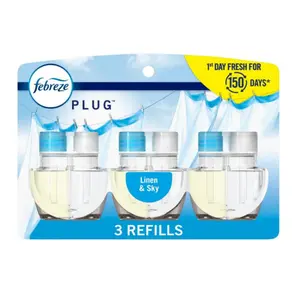 Febreze Plug In Air Freshener, Odor-Fighting Scented Oil Refill, Air Fresheners for Home and Bathroom and Kitchen, Long Lasting for Strong Odors, Linen & Sky Scent, 0.87oz Refills, 3 Count