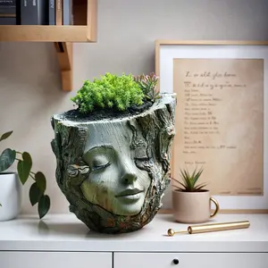 Resin Girl Face Plant Pot, Rustic Wood Texture Irregular Planter, Ideal for Succulents, Green Plants and Flowers, Indoor Outdoor Home, Patio, Windowsill and Garden Art Decor