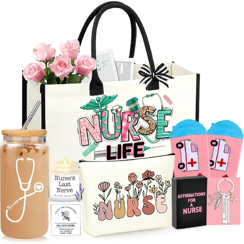 Nurse Gifts Nurse Appreciation Gift Set for Women Birthday Gift for Nurses Week Nurses Graduation Gifts for Her, Nursing Student with Canvas Bag Socks Affirmations Cards 16 Oz Can Glass