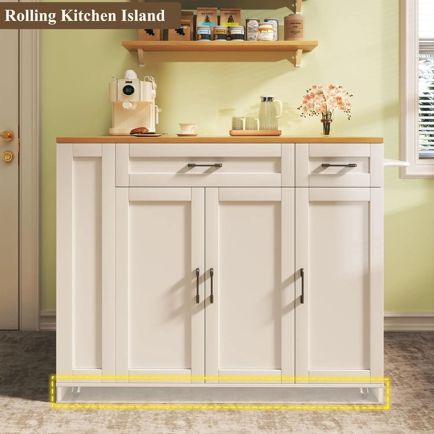 Rolling Kitchen Island with Storage and Seating, 43" Kitchen Island on Hidden Wheels with Drop Leaf, Bar Stools, Large Cabinet, Adjustable Shelf, Spice & Towel Rack and Drawers, White