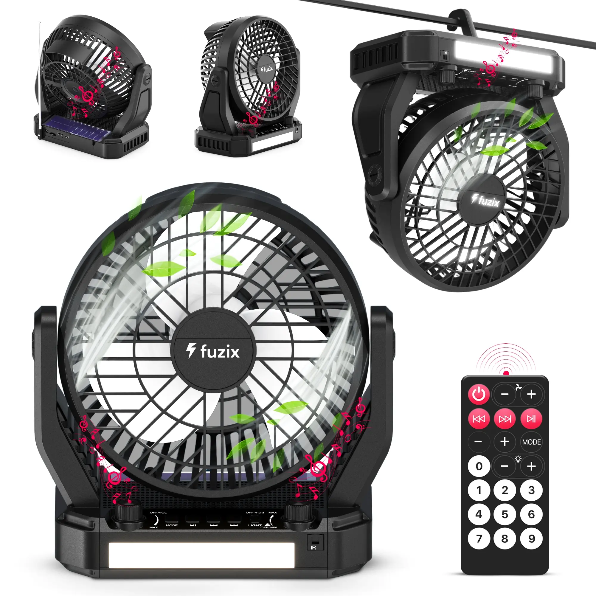 Aero 2.0 Portable Solar Rechargeable Fan Speaker with Bluetooth, 3 Adjustable Fan Speeds, Foldable Hanging Hook, LED Flashlight, FM Radio, AUX, USB & Micro SD Playback