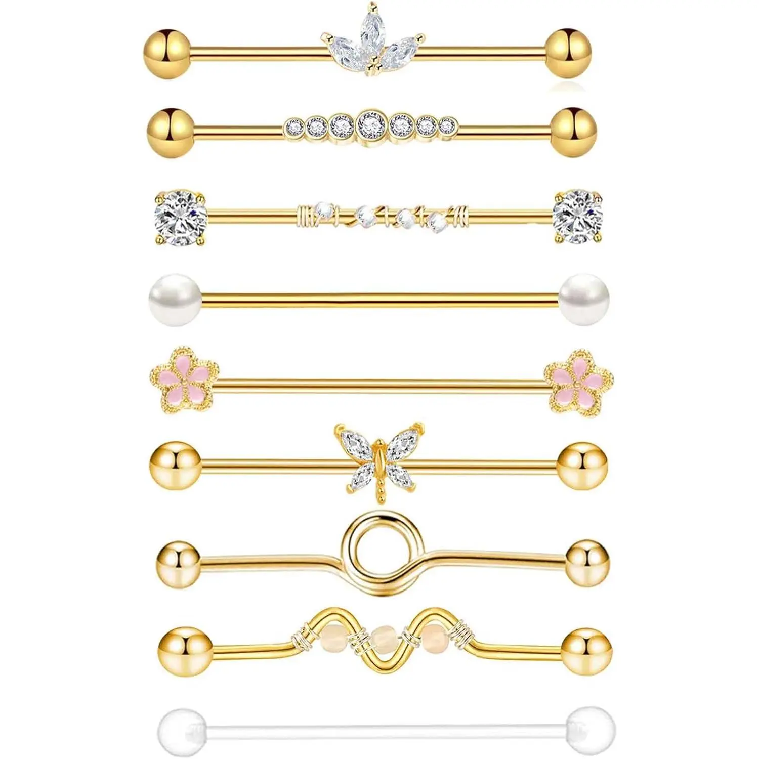 Helix Cartilage Piercing Body Jewelry Set for Women Men, Hypoallergenic Piercings with Multiple Styles in Mix Colors, Set 1, 14 Gauge, 10-16Pcs, Anniversary, Unisex, Industrial Earrings, 38Mm Bar Length, 5Mm Ball Diameter, Vertical Helix Earrings, Alloy,,