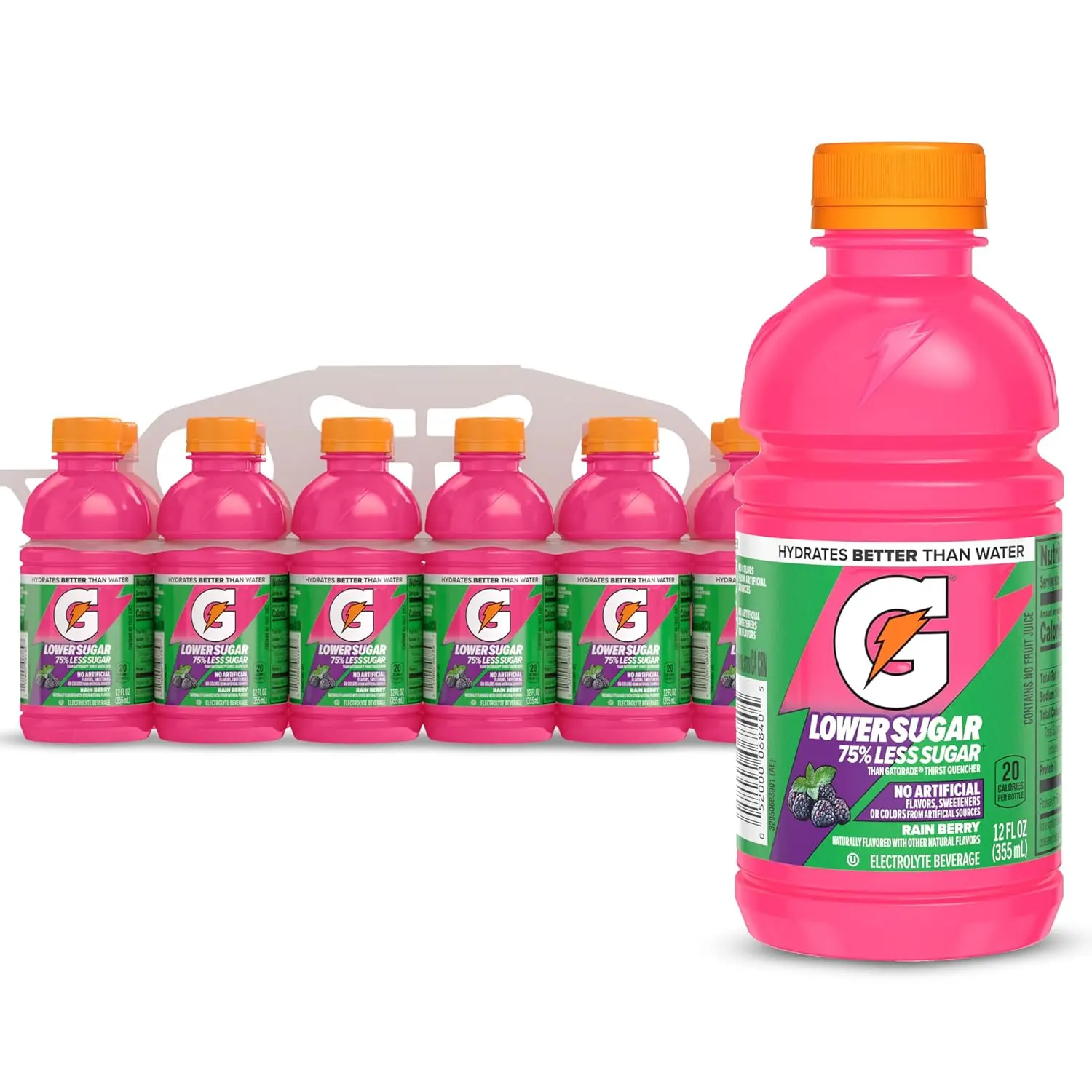Gatorade Lower Sugar Electrolyte Sports Beverage, Rain Berry Flavor, 12 fl oz Bottles (12-Pack), 75% Less Sugar, Artificial Additive-Free, for Athletic Hydration