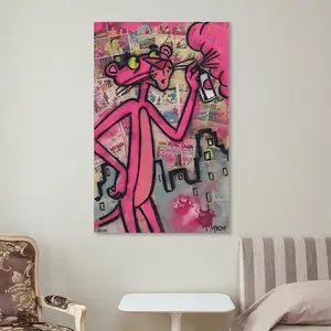 Pink Panther Street Art Graffiti Edition Print Poster with Spray Can by Ekim Canvas Wall Art for Modern Home Decor Art Wall Decoration