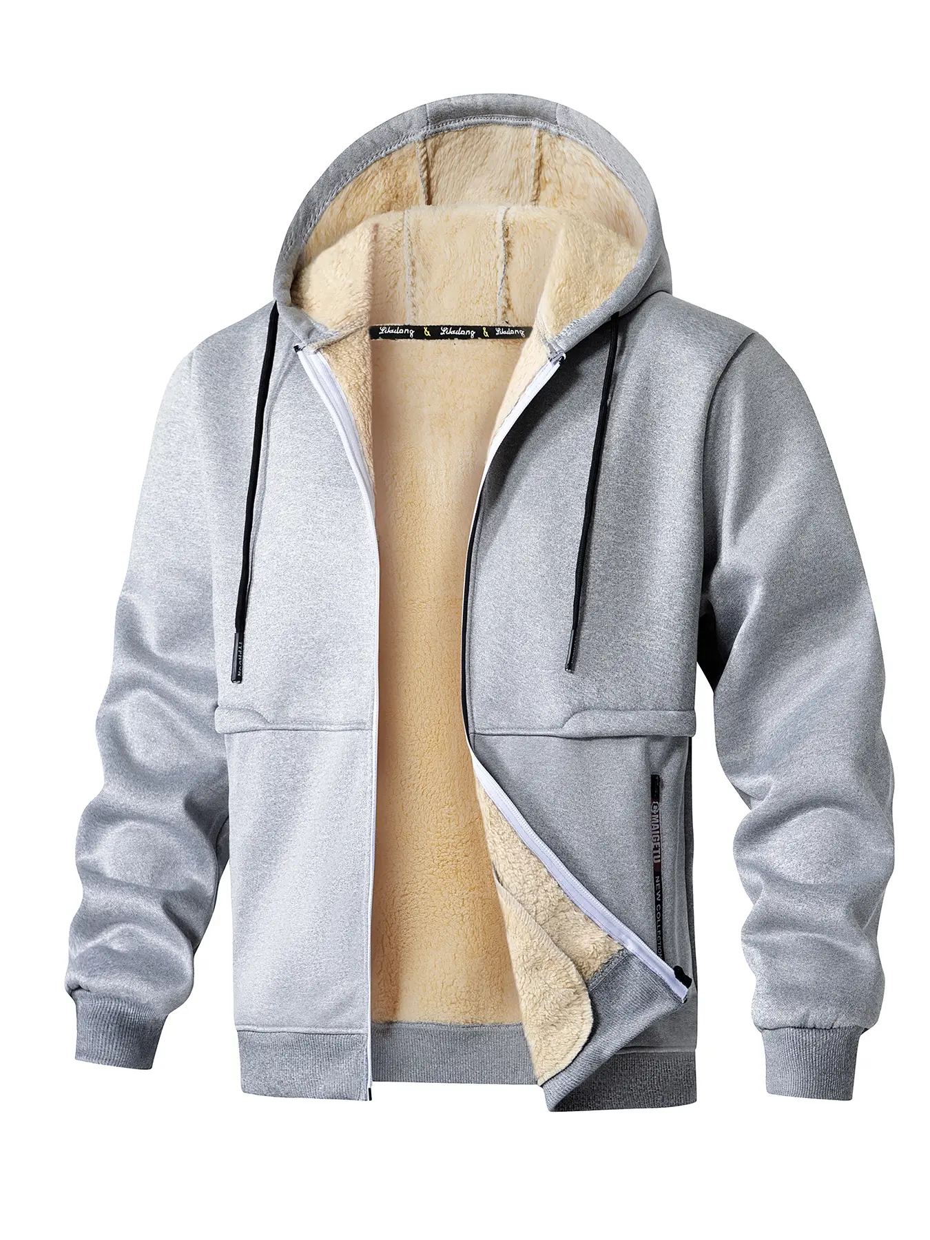 Men's Hooded Knit Fleece Jacket with Sherpa Lining, Casual Fitted Elastic Breathable Long Sleeve Zipper Coat with Pockets, Fall Winter Outdoor Activities, Warm Fashion Outerwear