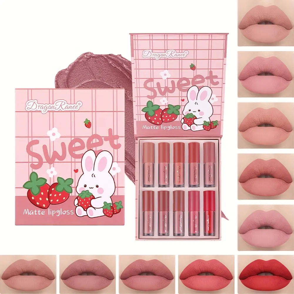 Matte Liquid Lipstick Set, 10 Piece Multi-pack, Alcohol-Free & Non-Staining Cosmetic Makeup, Cute Cartoon Lip Gloss Gifts in Box, 1 Set, Cute Look, 10 Lip Glosses, Non-Staining On Cups