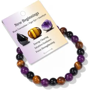 Healing Crystal Triple Protection Bracelet 8mm Crystal Beaded Bracelet for Women Men Natural Stones of Tiger Eye, Hematite, Black Obsidian Handmade Gemston