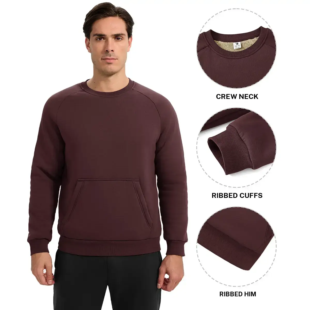 YSENTO Men's Crewneck Casual Sweatshirt Warm Sherpa Lined Sweatshirts Heavyweight Long Sleeve Underwear Winter Fleece Pullover Cotton Hoodie Athletic Crew Neck