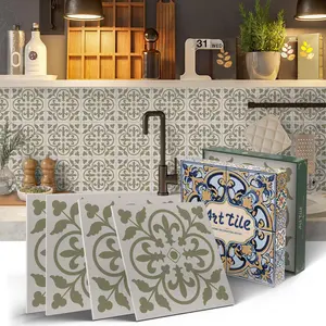 12/24 PCS/Box Sticker Packs GST ART PE Crystal Tile Stickers | Light Base & Green Floral Retro Tile Decals | Waterproof Oil-Proof Self-Adhesive for Kitchen Bathroom Floor Wall Ceiling Old Wooden Boards Home Decor