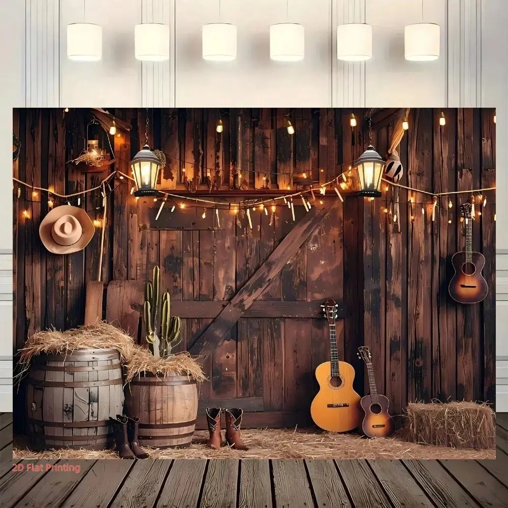 2D Flat 1pc Polyester Western Cowboy Backdrop Banner, Rustic Barn Door Guitar Barrel Photography Background, Vintage Country Party Decoration for Birthday, Baby Shower, Photo Booth, Multiple Sizes Available, Photo Backdrops