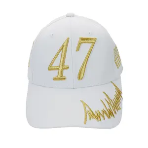Trump 47 White Cap with Gold Embroidery – Hook & Loop Adjustable Patriotic Hat