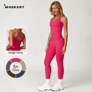 MASKERT Women's Two Piece Set Sports Tank Top & High Stretch Tight Leggings Tummy Control Workout Daily Wear Running Outfits