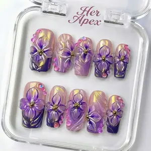 NailApex-Chrome Blossom3D Floral Press On Nails – Salon-Quality Chrome Finish | Long Square Luxury Nail Set|Handcrafted fake Handmade Acrylic Square Press-On Nails almond nail
