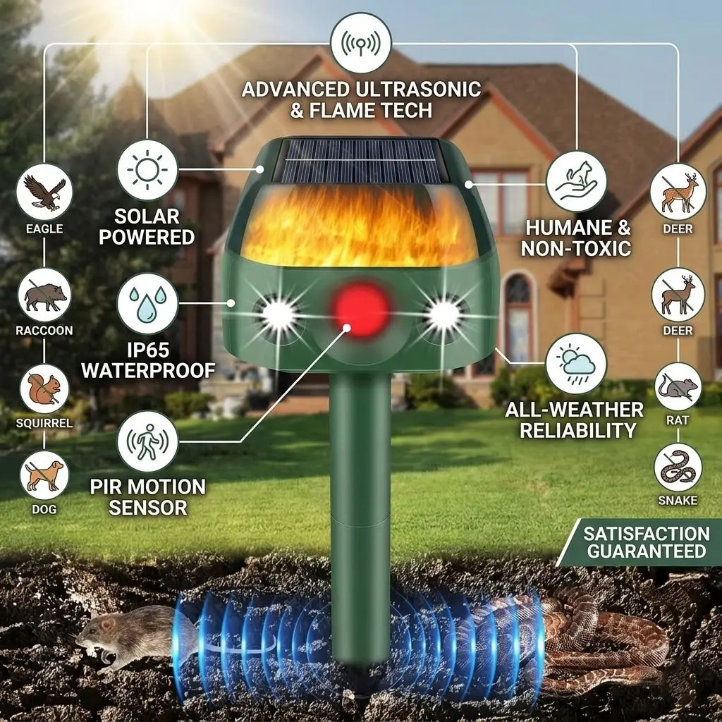 360° Solar Ultrasonic Animal Repeller — 5 Modes, Outdoor Repeller with Motion Sensor and Flame Light. Waterproof, Dynamic Motion-Sensing Strobe Light. Protection Device for Squirrels, Deer, Rabbits, and Raccoons; Suitable for Yards, Farms, and Gardens.