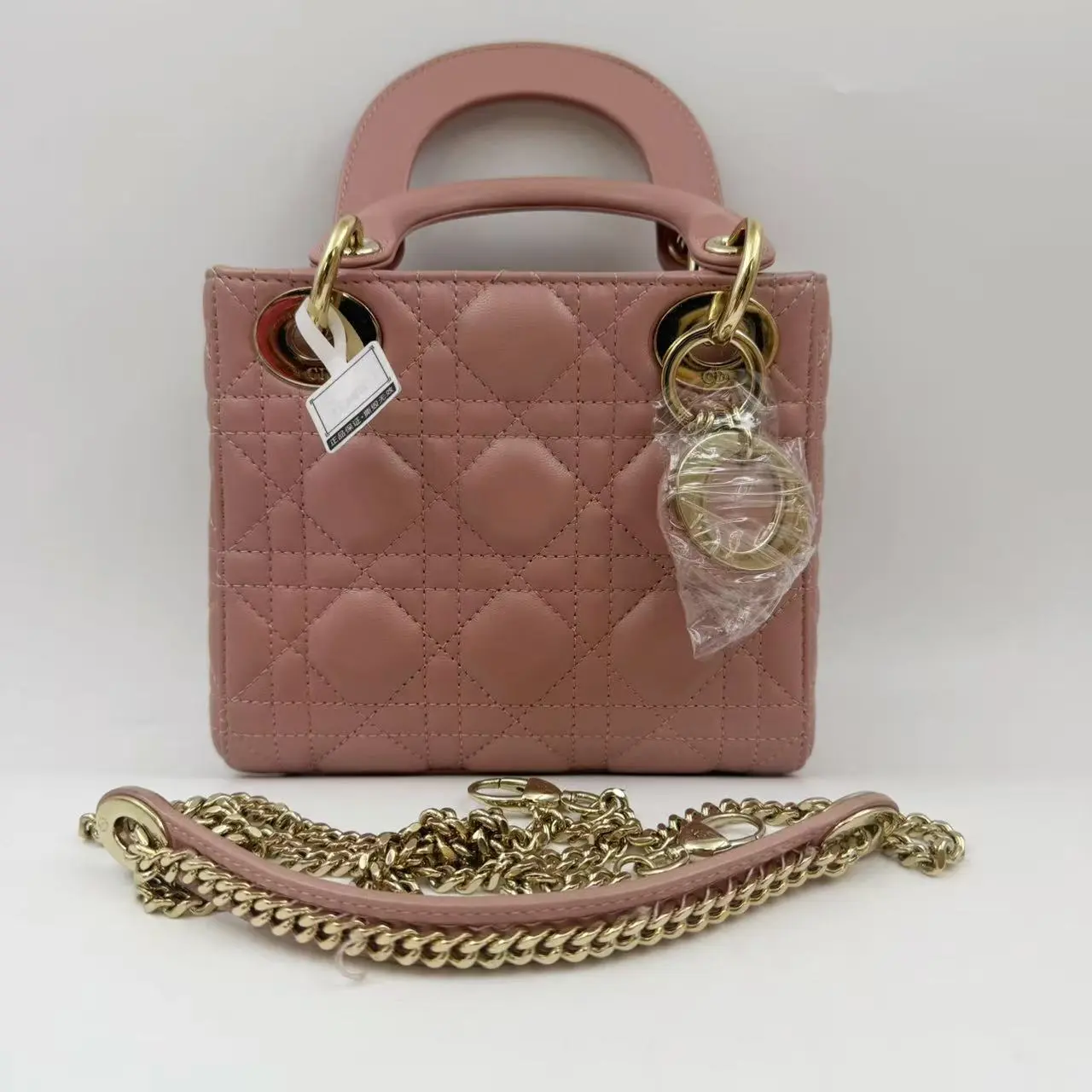 Pre-owned Dior Hz9 Lady Dior, Mini Size, Blush Pink / Gold tone Hardware, Lambskin, 3 Gusset, Handheld & Crossbody Bag