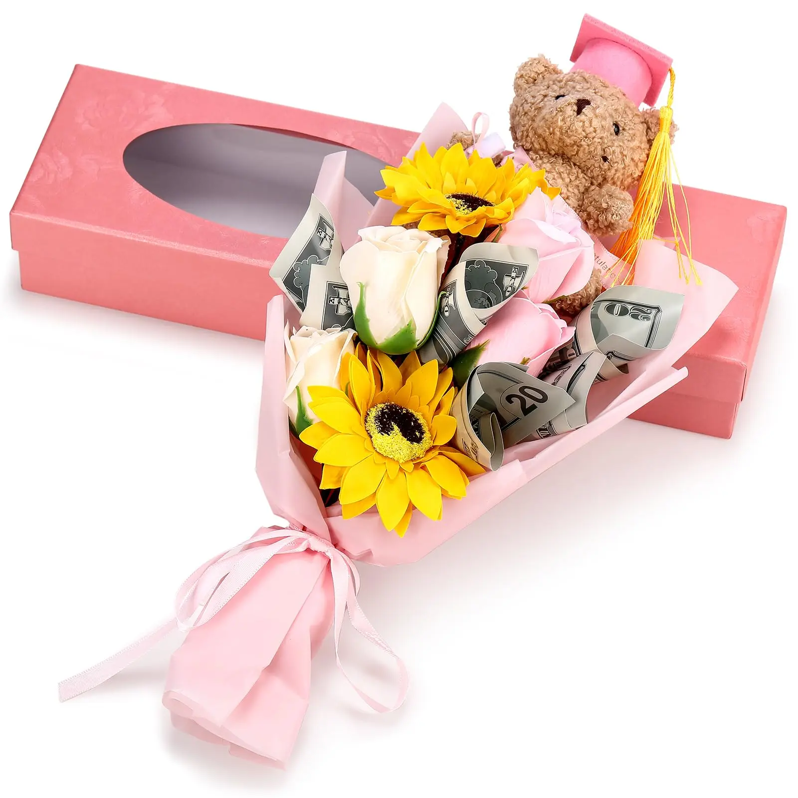 2026 Graduation Bear Bouquet Ready-to-Gift Set - Scented Soap Rose, Sunflower, Compact Mini Cotton Plush Bear with Grad Cap, Lighted Transparent Gift Box, Photo Worthy Design, Scents Included for Female Graduates (Party Supplies, Souvenir), Party Bags & G
