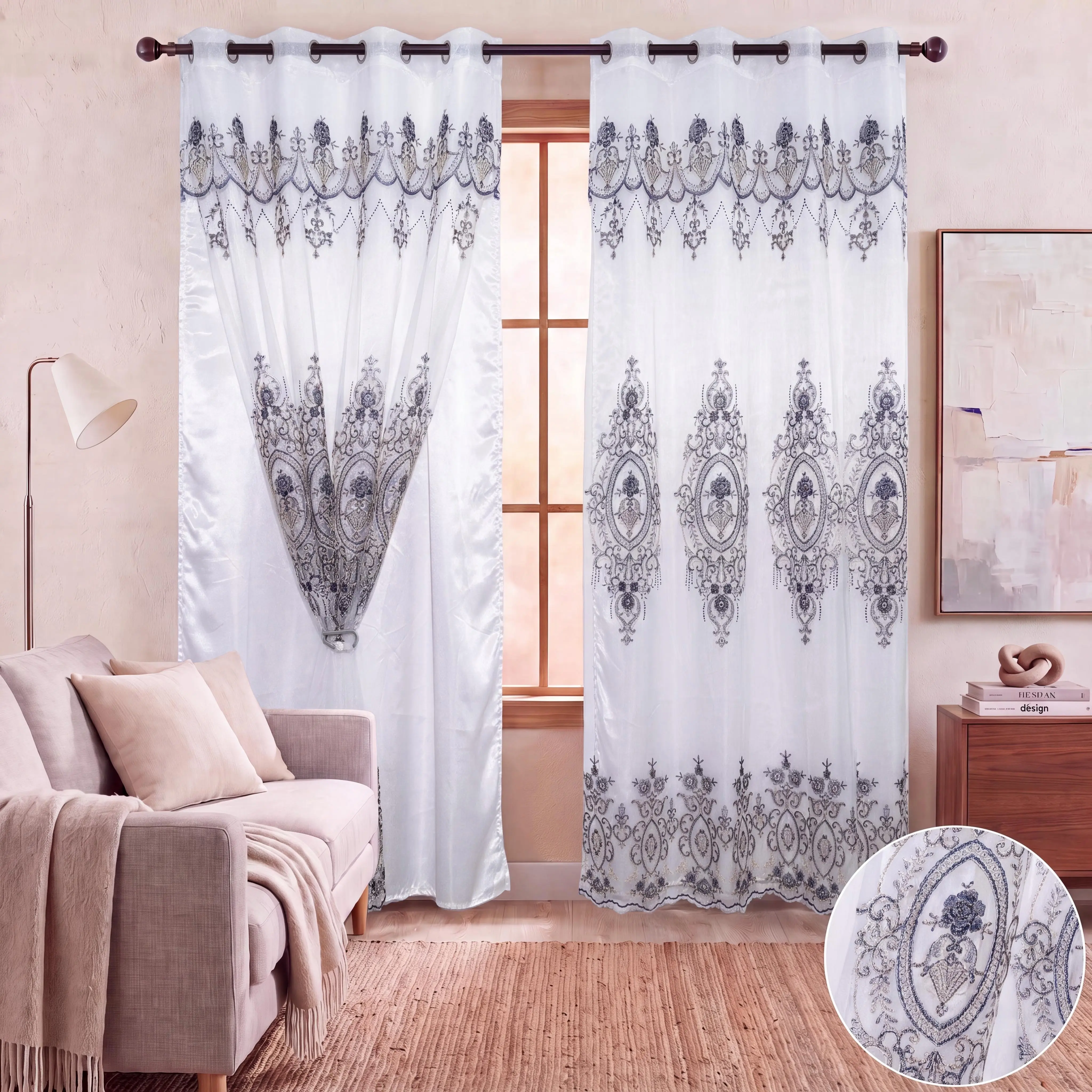 Luxury Double Layer Embroidery Window Curtains with Attached Valance - 2 Grommet Top 52x84 In Panels, Semi-Voile Sheer, Thermal Insulated Light Filtering European Drapes, Anti-Shrink Breathable Durable, for Living Room Bedroom Decor QF601 (Do Not Bleach),