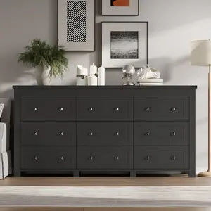 Dresser for Bedroom with 9 Drawers, Farmhouse Wood Chest of Drawers, Wide TV Stand Closet Storage Furniture with Metal Handle, Modern Clothes Organizer for Hallway, Living Room, Entryway, White