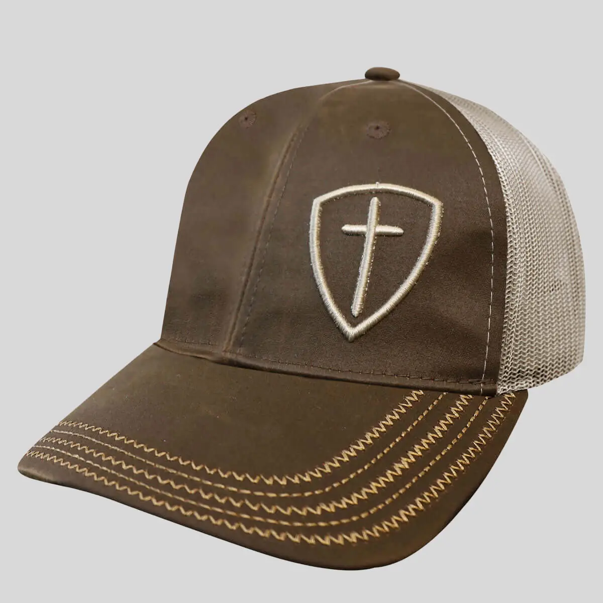 Kerusso Mens Cap Cross Shield, 45% Polyester Mesh, Baseball Cap, Cotton, Cotton/Poly, Everyday Wear, Retro Look, Shield Cross, Topstitched, Believers, Brown/Cream, Casual, God's Love Message, Jesus' Sacrifice, Adjustable Length Hats, Dad Cap Style